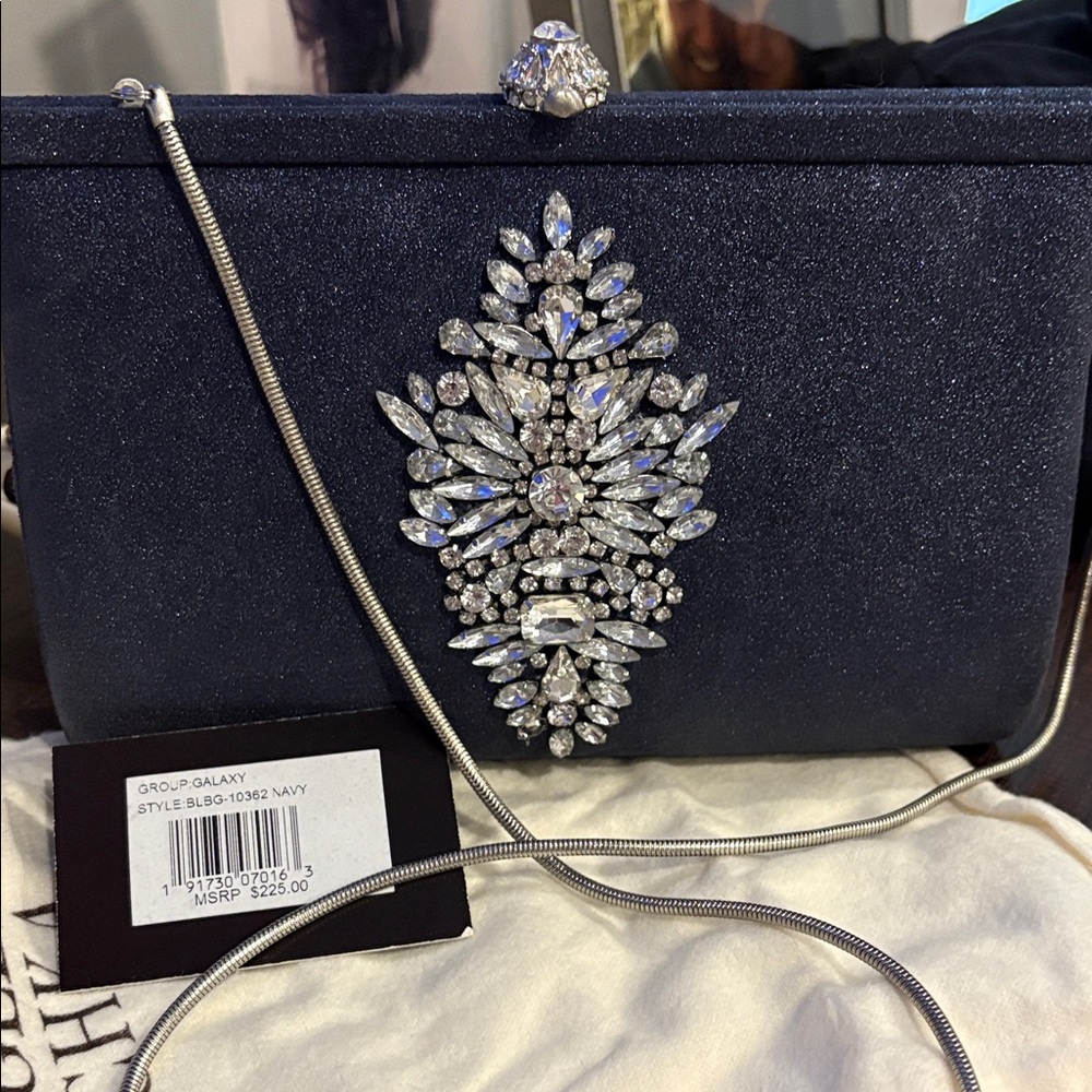 New Badgley Mischa Elegant Navy Evening Clutch with Crystal Embellishments.